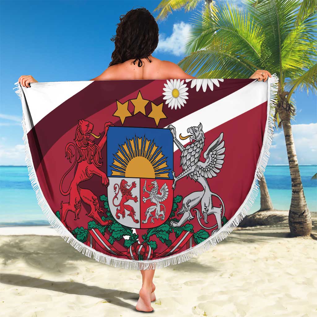 Round Latvia flag beach blanket with fringed edge and daisies, burgundy and white