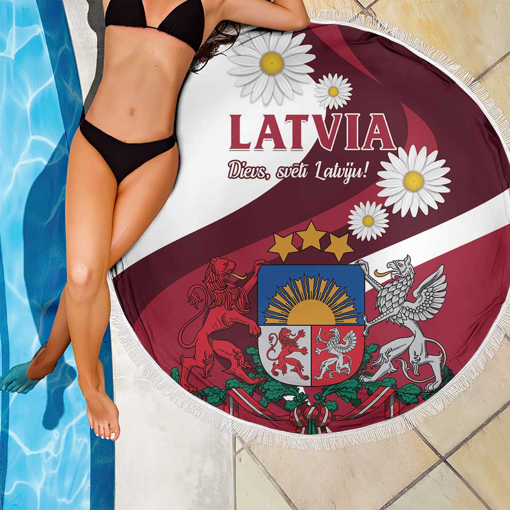 Round beach blanket with Latvia flag print and daisies, fringed edge, burgundy and white