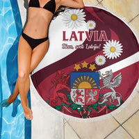 Round beach blanket with Latvia flag print and daisies, fringed edge, burgundy and white