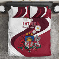 Red and white Latvia bedding set with flag stripes, crest, and daisies, plus two pillows