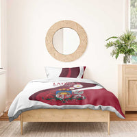 Red and white Latvia bedding set on wooden bed with duvet cover crest and daisy print