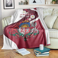 Latvia flag-style blanket with red and white stripes, daisies, coat of arms and eagle