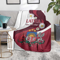 Latvia flag-style blanket with red center stripe, daisies, crest and eagle
