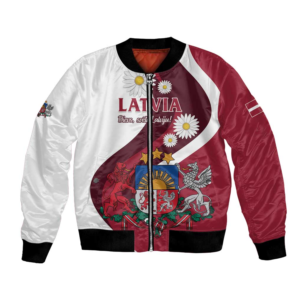 Red and white satin bomber jacket with black ribbed cuffs, Latvia text, crest, and daisies