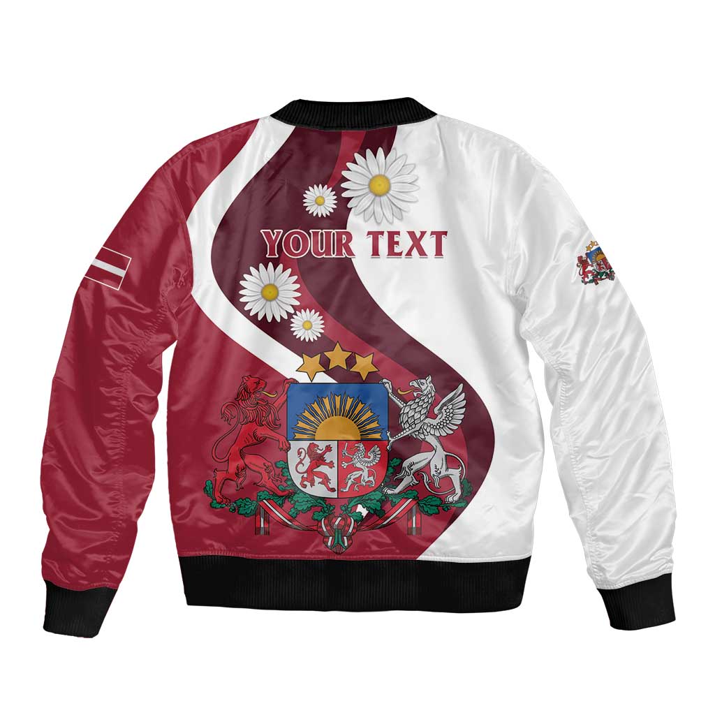 Red/white satin bomber jacket with black ribbed collar, daisies, and custom text graphic