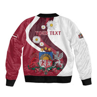 Red/white satin bomber jacket with black ribbed collar, daisies, and custom text graphic