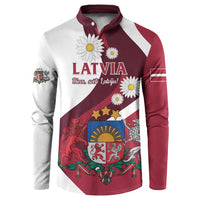 Red and white button sweatshirt with Latvia crest, daisies, and diagonal flag design