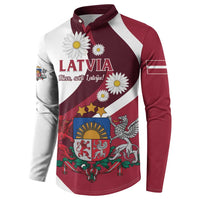 Red and white button sweatshirt with Latvia crest graphic, daisies, and maroon stripes