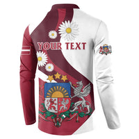 Personalized button sweatshirt back with 'Your Text', Latvia flag design, and daisies