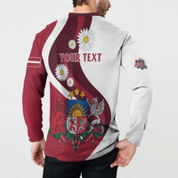 Personalized button sweatshirt back with 'Your Text', Latvia crest, and daisy flowers