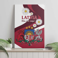 Latvia canvas wall art featuring maroon-and-white flag design with crest and daisies