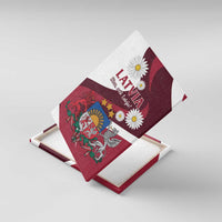 Latvia canvas wall art angled view with maroon flag panel, crest, and daisy motifs