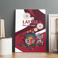 Latvia canvas wall art standing display with maroon crest, daisies, and "LATVIJA"