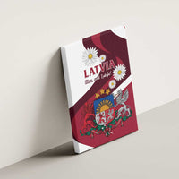 Latvia canvas wall art on wall with maroon flag design, crest, and daisy flowers
