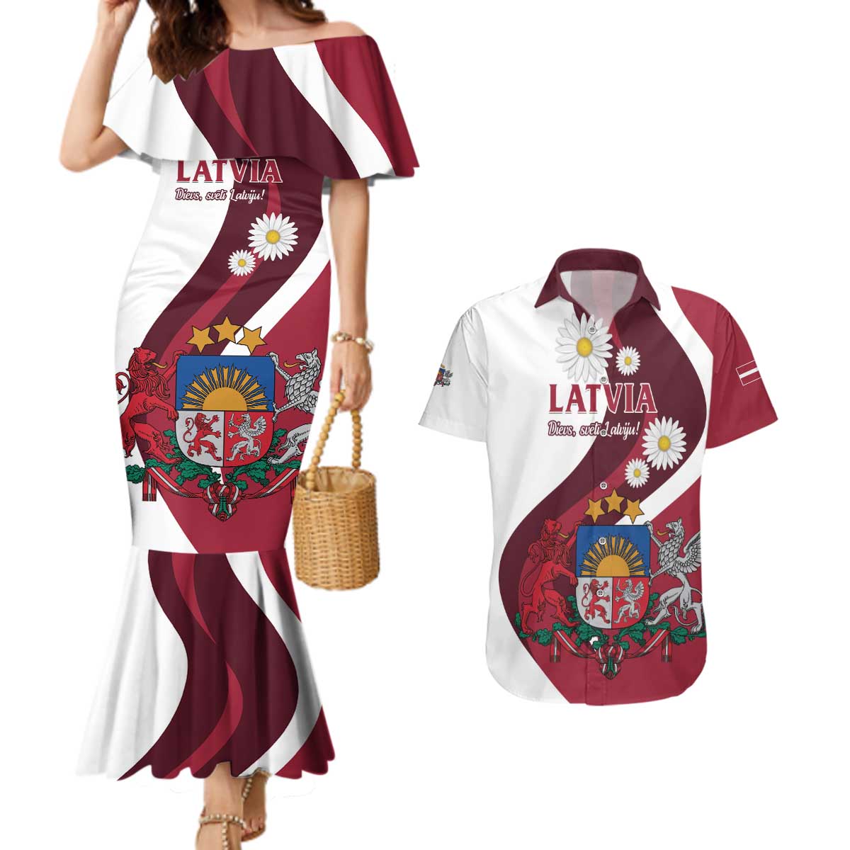 Personalized Latvia Couples Matching Mermaid Dress and Hawaiian Shirt Dievs sveti Latviju - Wonder Print Shop