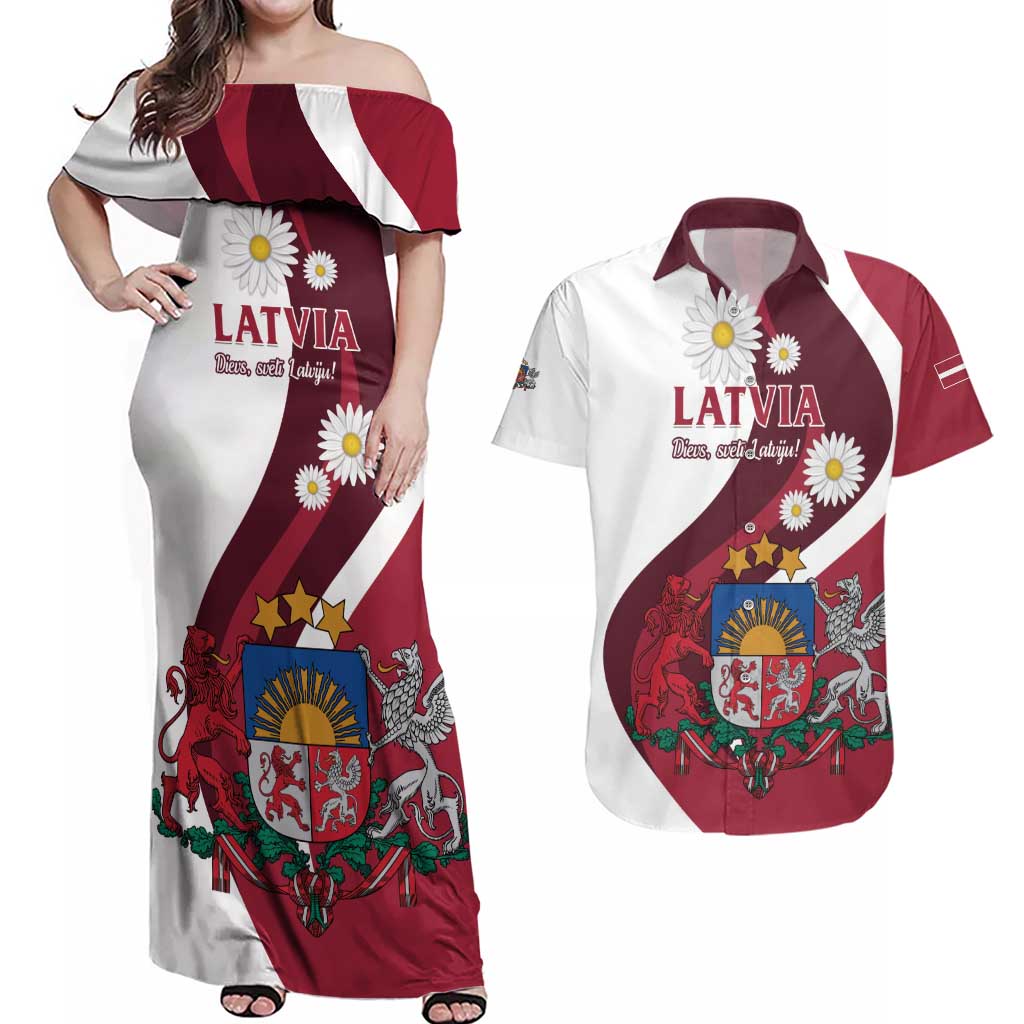 Personalized Latvia Couples Matching Off Shoulder Maxi Dress and Hawaiian Shirt Dievs sveti Latviju - Wonder Print Shop