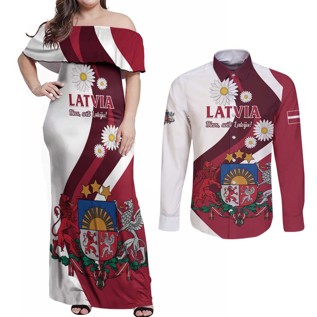 Personalized Latvia Couples Matching Off Shoulder Maxi Dress and Long Sleeve Button Shirt Dievs sveti Latviju - Wonder Print Shop