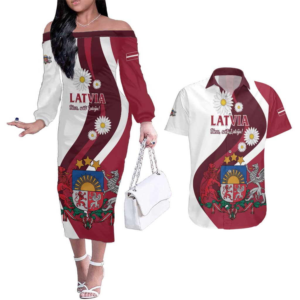 Personalized Latvia Couples Matching Off The Shoulder Long Sleeve Dress and Hawaiian Shirt Dievs sveti Latviju - Wonder Print Shop