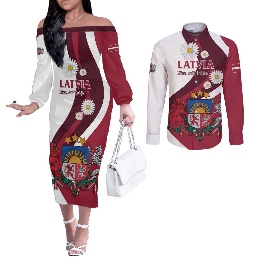 Personalized Latvia Couples Matching Off The Shoulder Long Sleeve Dress and Long Sleeve Button Shirt Dievs sveti Latviju