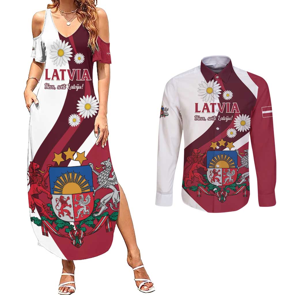 Personalized Latvia Couples Matching Summer Maxi Dress and Long Sleeve Button Shirt Dievs sveti Latviju - Wonder Print Shop