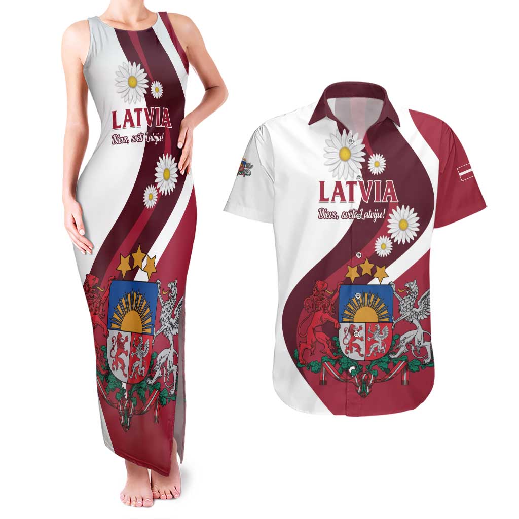 Personalized Latvia Couples Matching Tank Maxi Dress and Hawaiian Shirt Dievs sveti Latviju - Wonder Print Shop