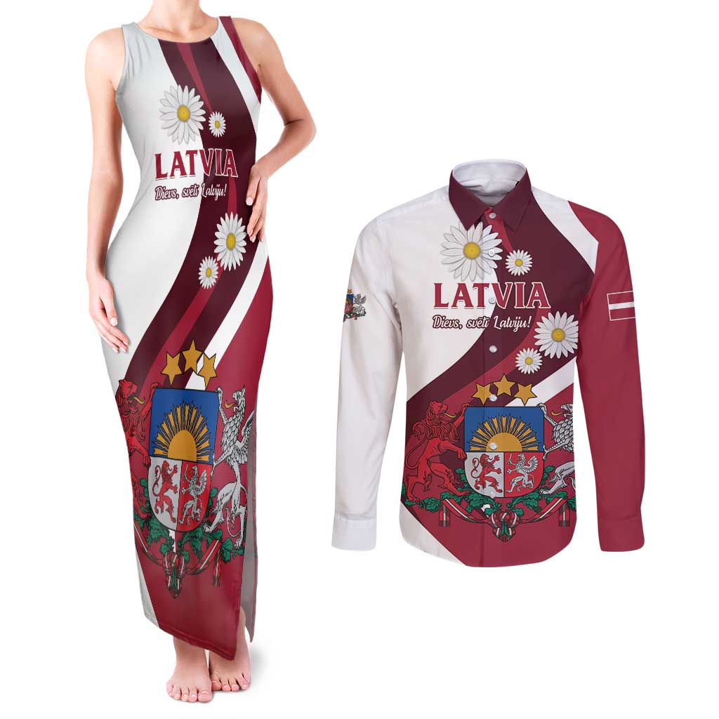 Personalized Latvia Couples Matching Tank Maxi Dress and Long Sleeve Button Shirt Dievs sveti Latviju - Wonder Print Shop