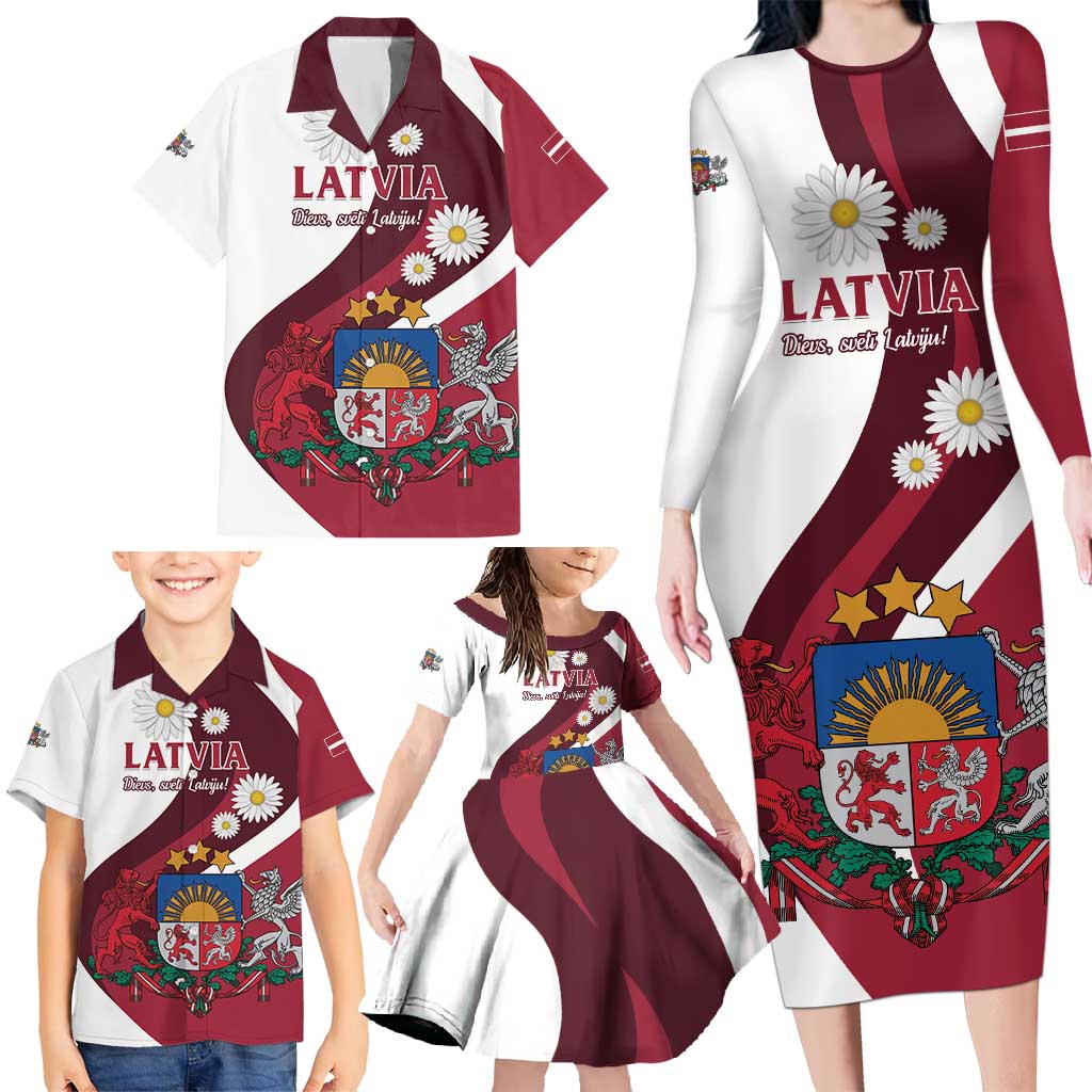 Personalized Latvia Family Matching Long Sleeve Bodycon Dress and Hawaiian Shirt Dievs sveti Latviju - Wonder Print Shop