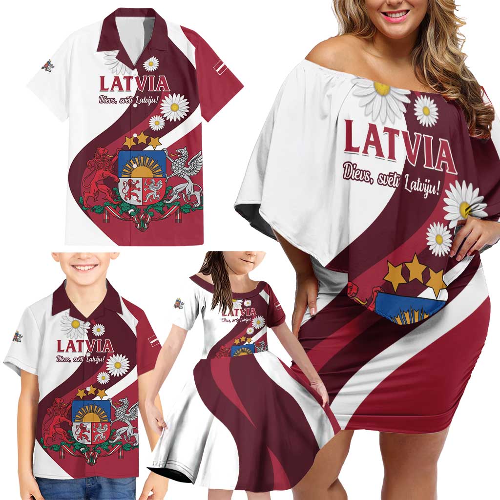 Personalized Latvia Family Matching Off Shoulder Short Dress and Hawaiian Shirt Dievs sveti Latviju - Wonder Print Shop