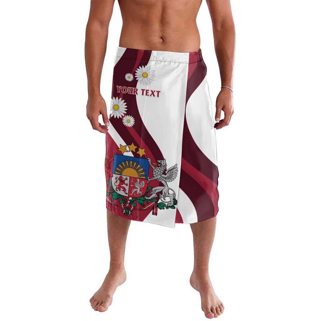 Personalized board shorts with 'YOUR TEXT' on white maroon and daisy print panels