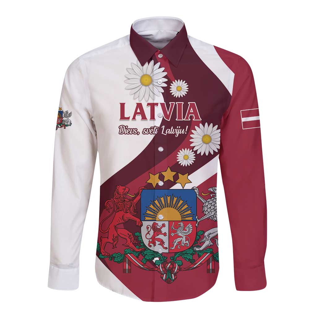 Personalized long-sleeve button shirt, white and maroon with Latvia crest graphic