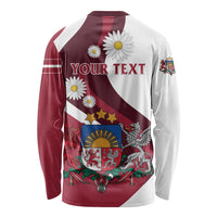 Unisex long-sleeve shirt back with 'YOUR TEXT', Latvia crest, white and maroon raglan panels