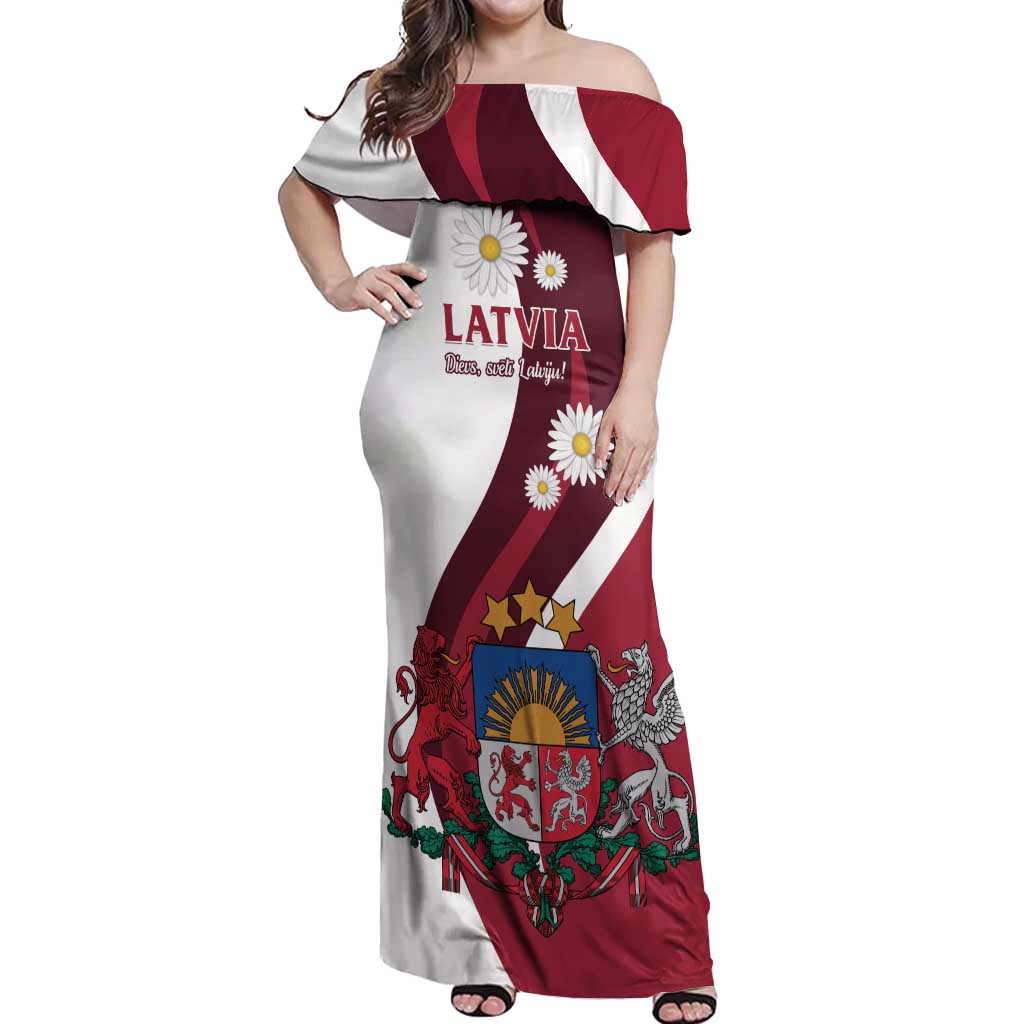 Personalized Latvia Off Shoulder Maxi Dress Dievs sveti Latviju - Wonder Print Shop