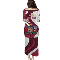 Women's long dress, red and white with 'YOUR TEXT' and Latvia coat emblem, short sleeves