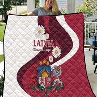 Latvia flag quilt in red and white with diamond stitching and crest graphic