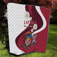 Latvia flag quilt red and white with diamond stitching, flowers and crest center