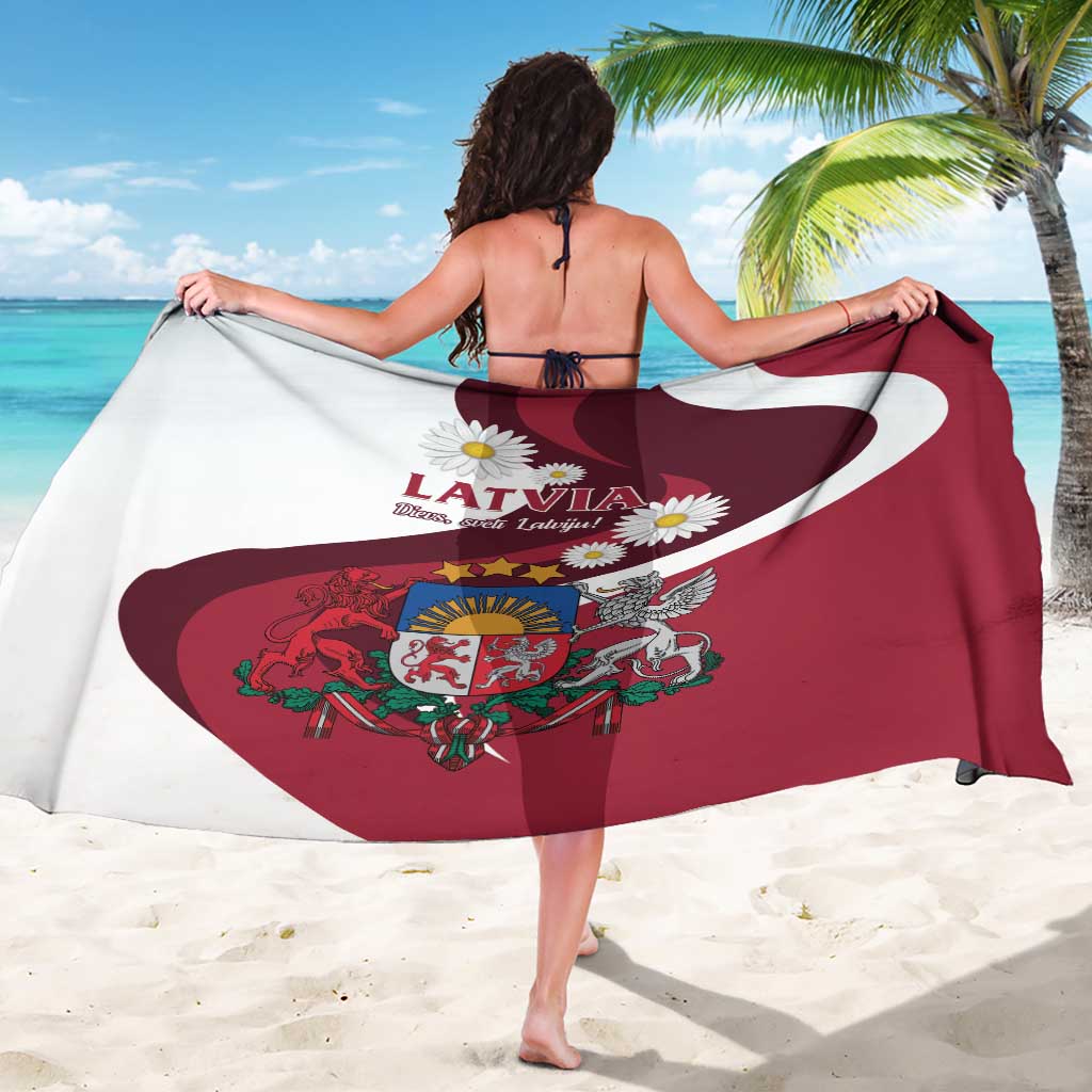 Maroon and white Latvia sarong, 'LATVIA' text with daisies and coat of arms