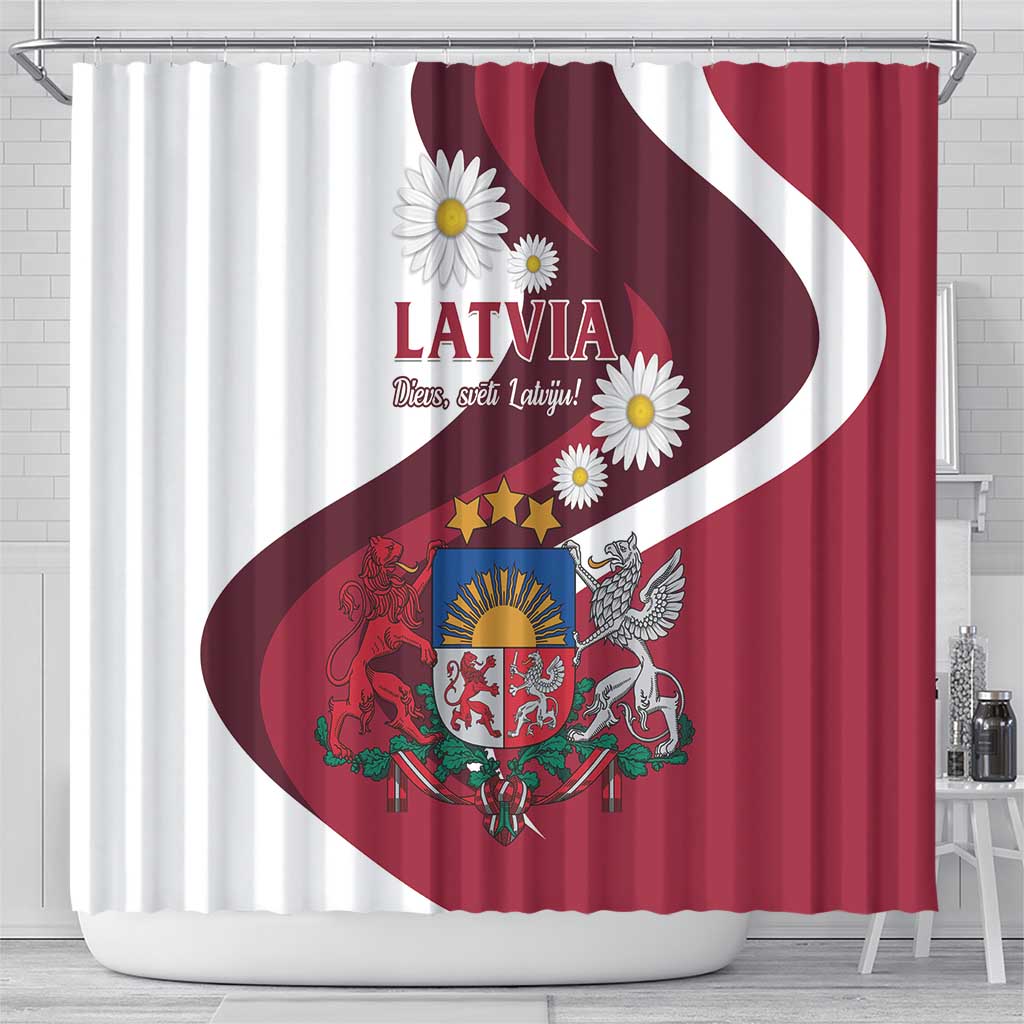 Shower curtain with Latvia flag print, crest, and daisy flowers