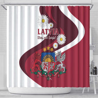 Shower curtain with Latvia flag print, crest, and daisy flowers
