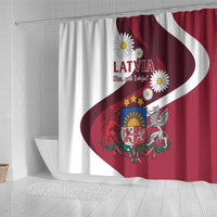 Red and white Latvia shower curtain with crest, daisies, and curved stripe design