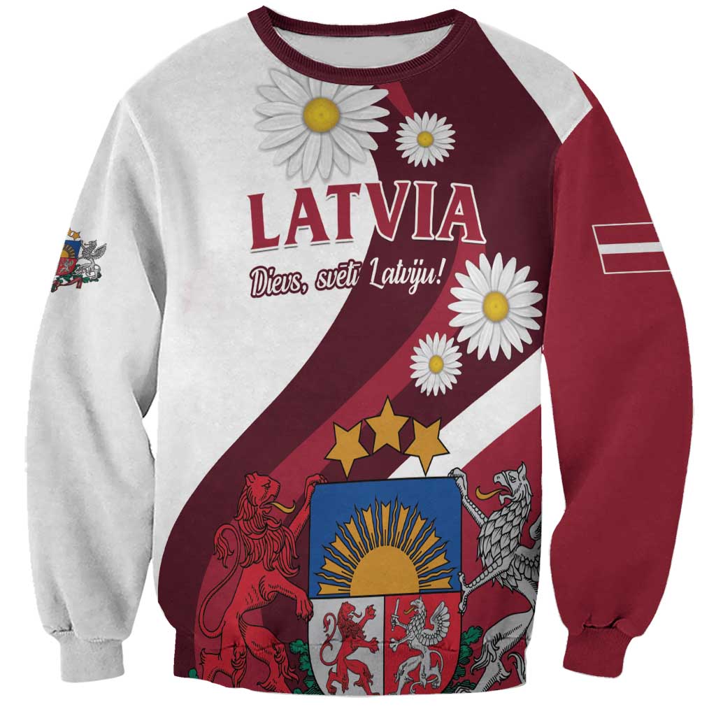 Unisex crewneck sweatshirt, gray and red with Latvia emblem and flower print