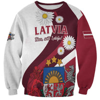 Unisex crewneck sweatshirt, gray and red with Latvia emblem and flower print