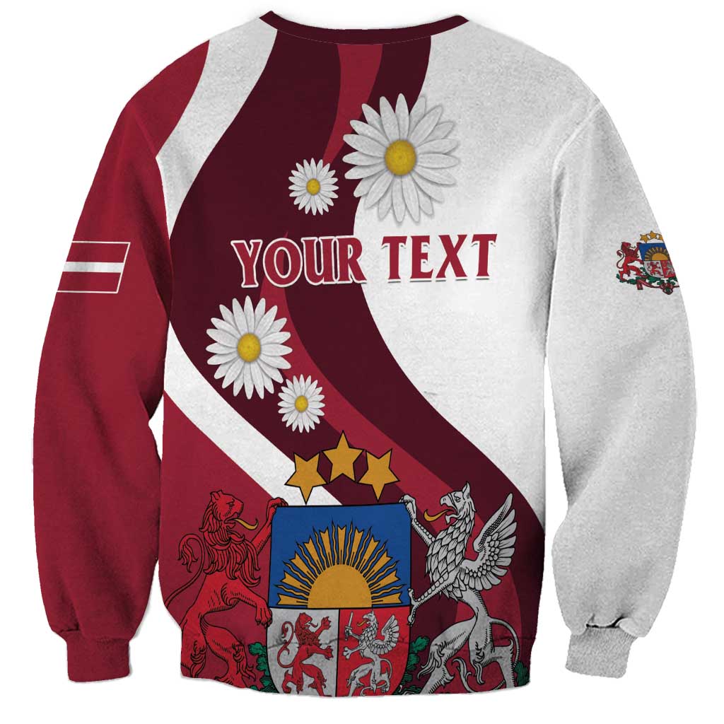 Unisex crewneck sweatshirt, gray and red with “YOUR TEXT” and Latvia crest print