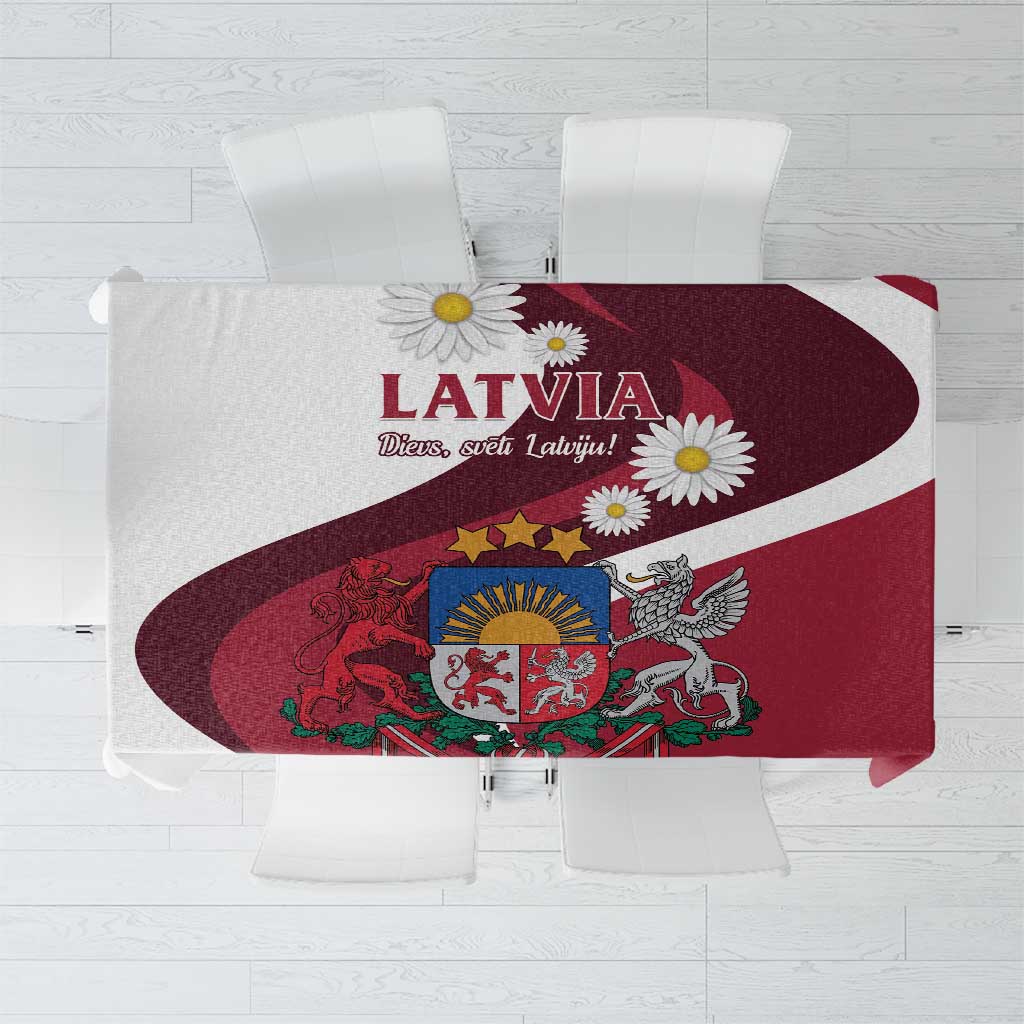 Red Latvia tablecloth with Latvia crest and floral daisy print