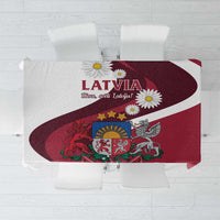 Red Latvia tablecloth with Latvia crest and floral daisy print