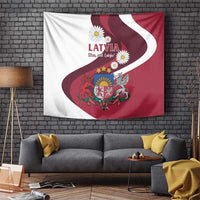 Latvia wall tapestry flag with red-and-white ribbon wave, crest, and daisies