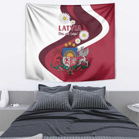 Latvia wall tapestry flag with crest emblem, red-and-white wavy stripe, daisies
