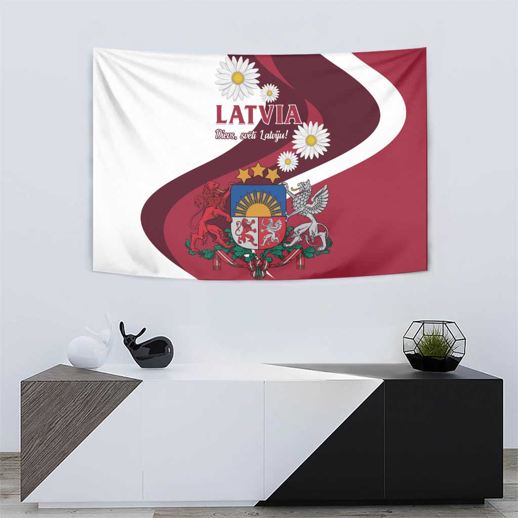 Latvia wall tapestry flag with crest and red-white wavy stripe, surrounded by white daisies