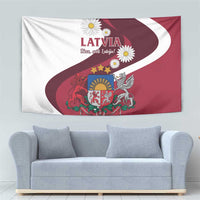 Latvia wall tapestry flag featuring crest, red-and-white wave stripe, and daisies