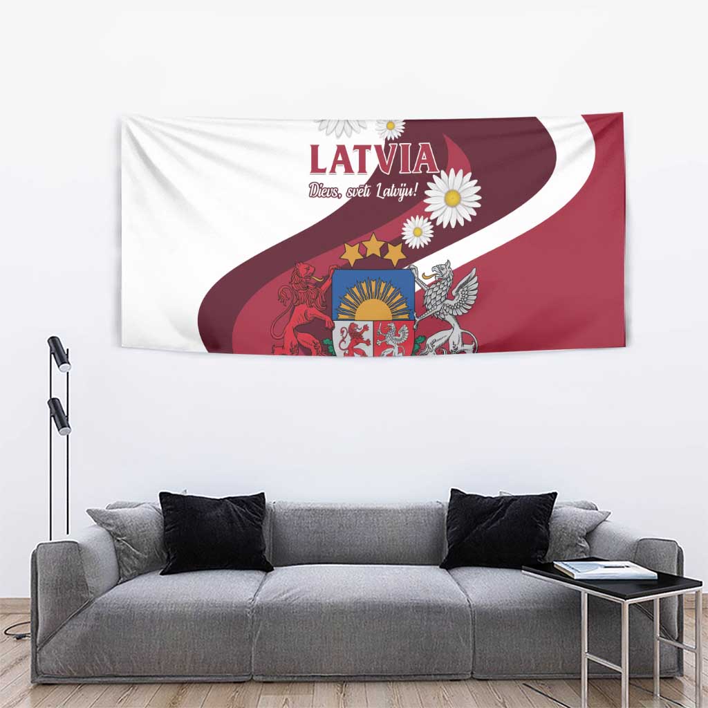 Latvia wall tapestry flag with crest emblem, red-white wave, and daisies decoration