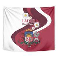 Latvia wall tapestry flag close-up with crest, red-white wave stripe, and daisies